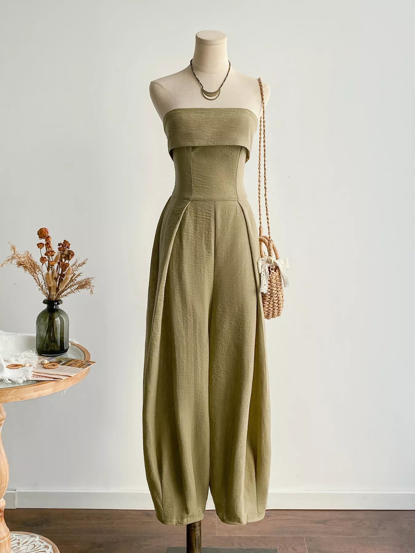 Khaki Wide Leg Tube Jumpsuit