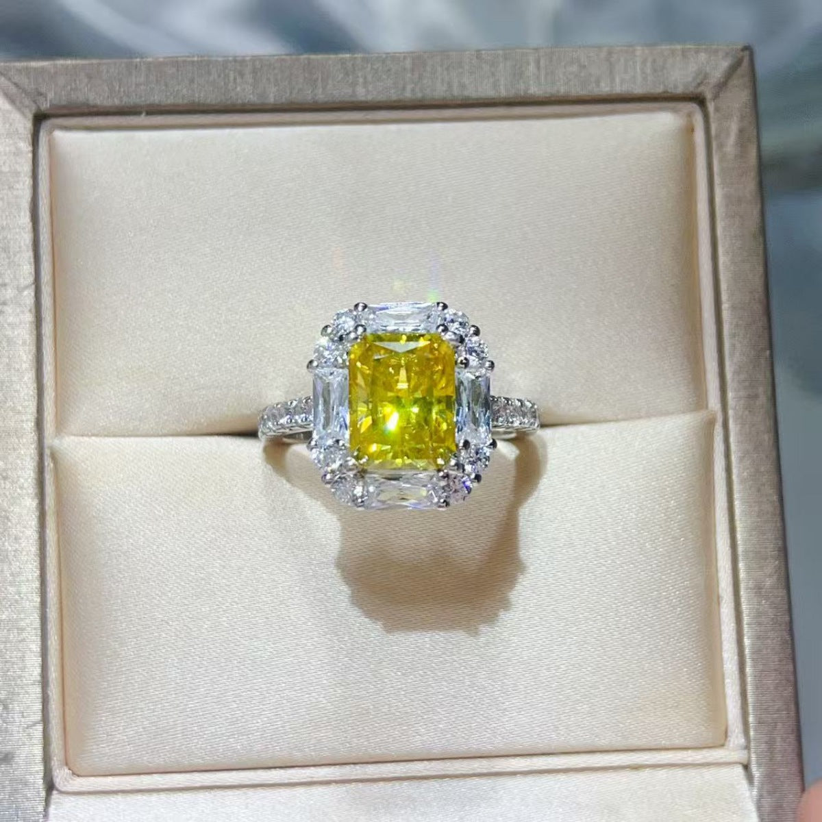 Yellow Halo 3 Carat Moissanite Ring in 925 Sterling Silver