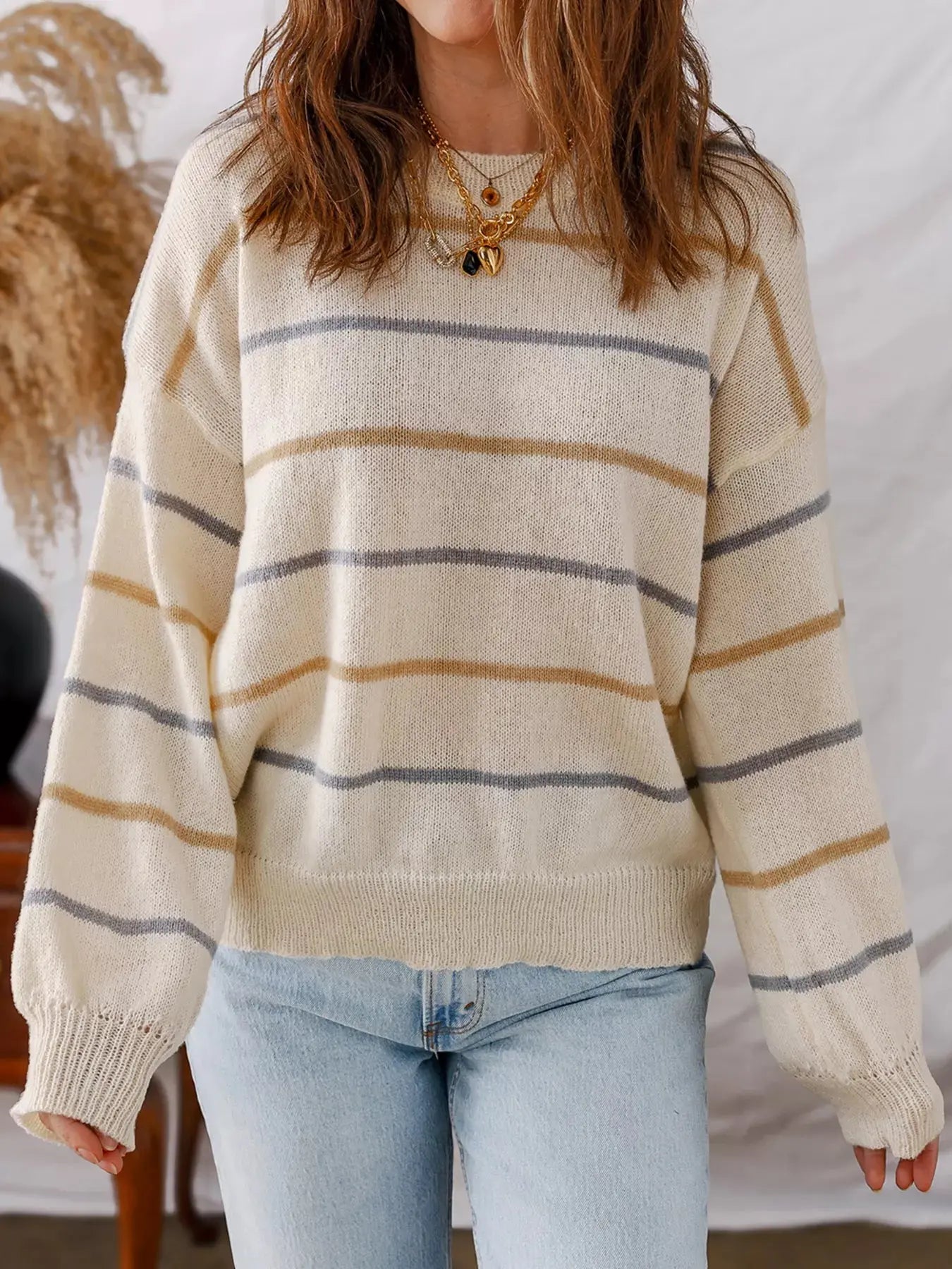 Stripe Striped Ribbed Edge Drop Shoulder Sweater