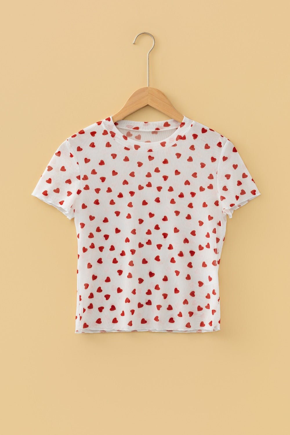 Women's Sheer Heart Print Fitted Mesh Blouse