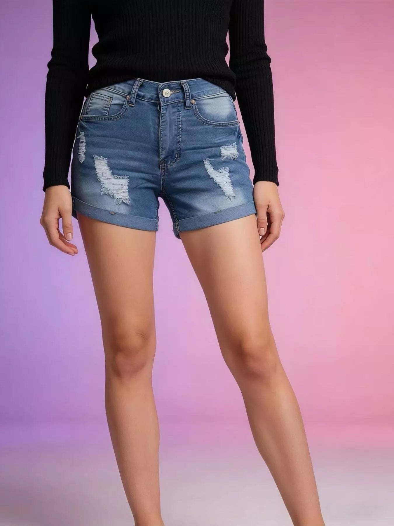 Washed Distressed Denim Shorts