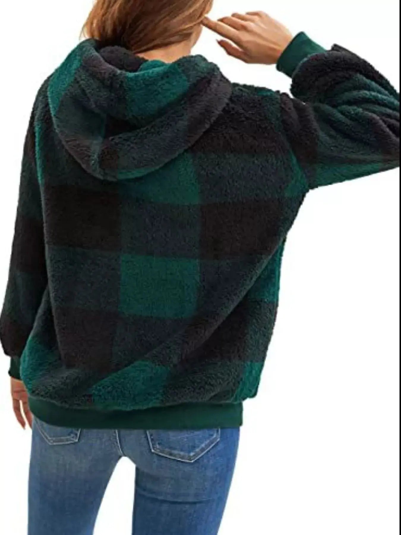 Plus Size Plaid Drawstring Sherpa Hoodie