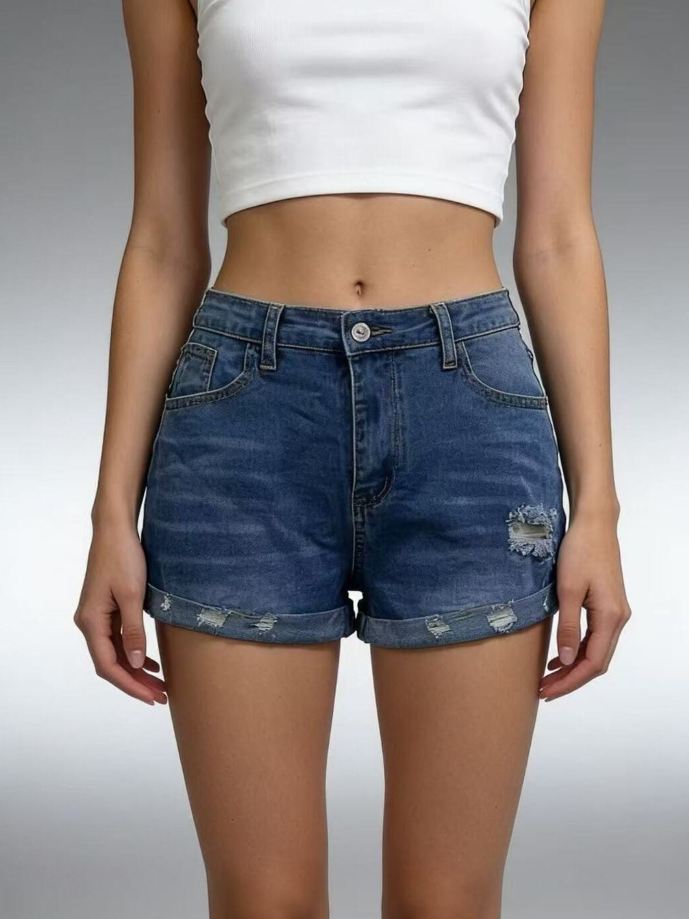 Distressed Denim Roll Up Shorts