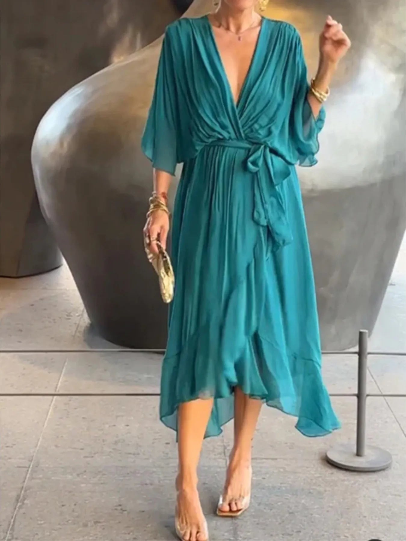 Flowy Tie Front Midi Dress with Flutter Sleeves