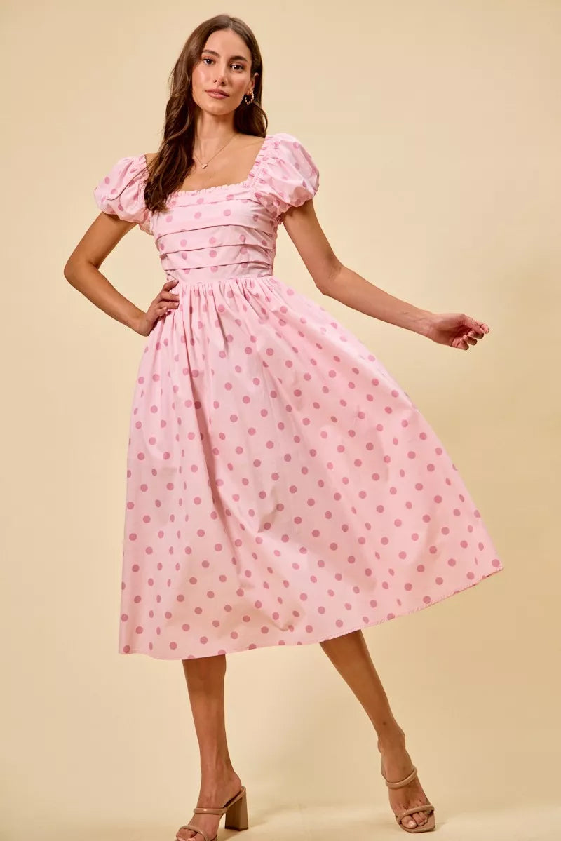 Polka Cotton Print Short Sleeves Pink Midi Dress