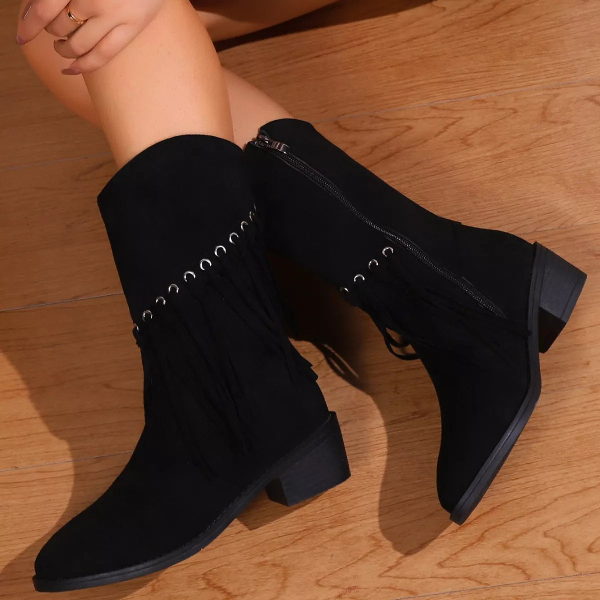 Fringe Western Block Heel Boots