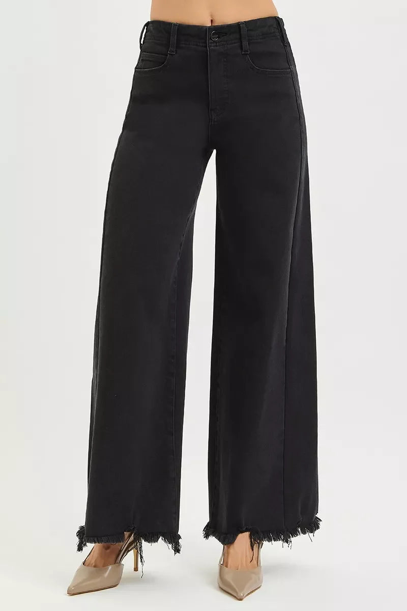 RISEN Jeans - Tummy Control High Rise Palazzo Leg Frayed Hem Jeans