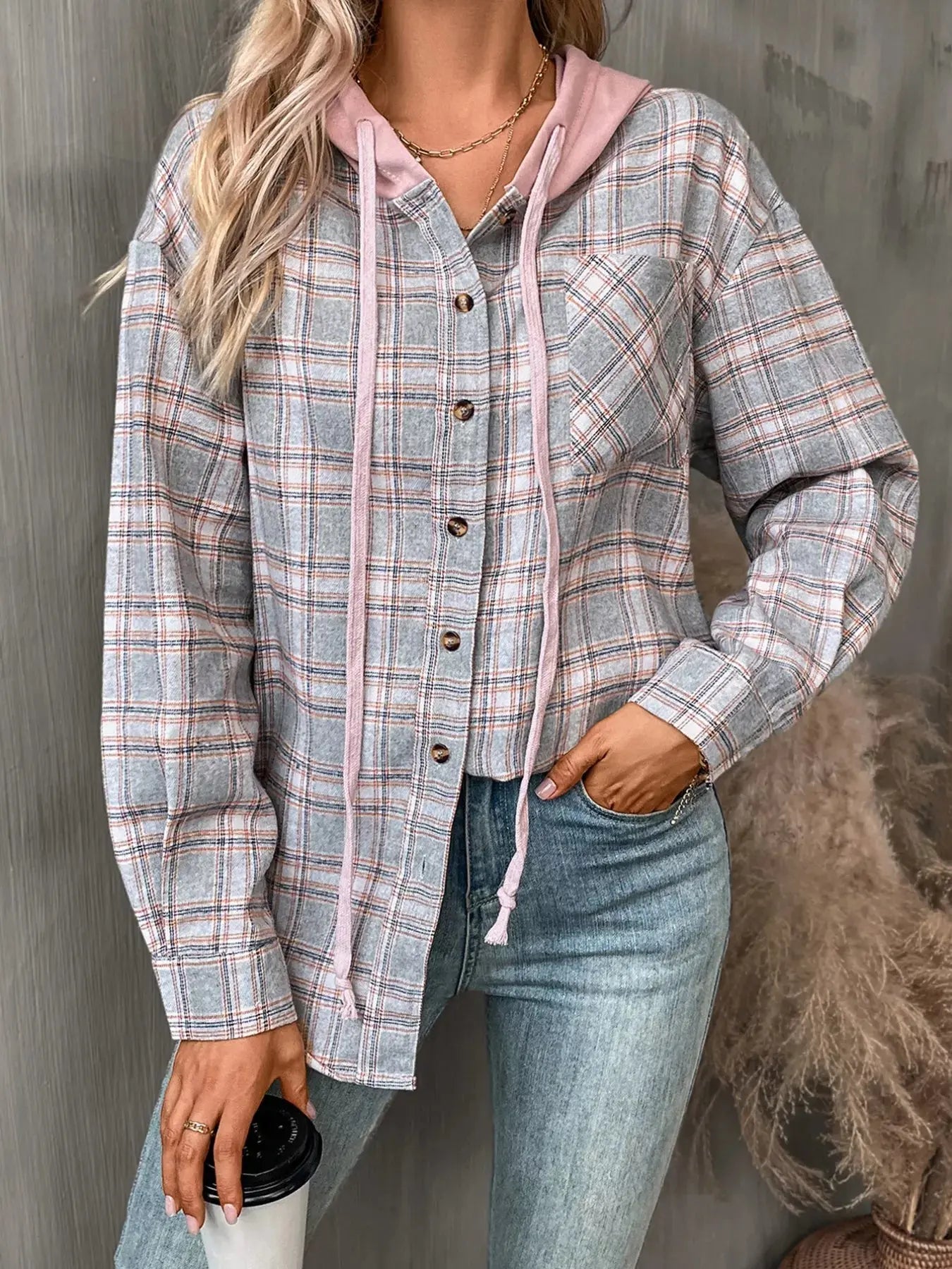Plaid Button-Up Oversized Hooded Shirt with Chest Pocket
