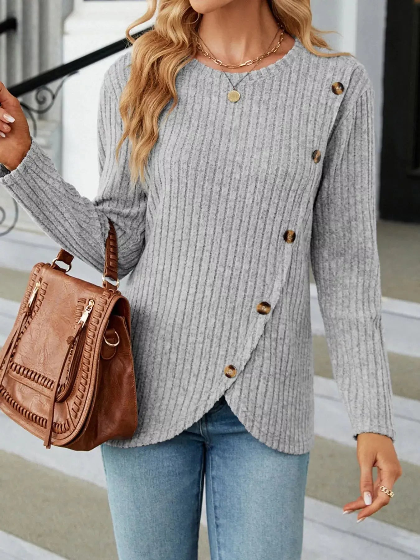 Decorative Button Ribbed Knit T Shirt