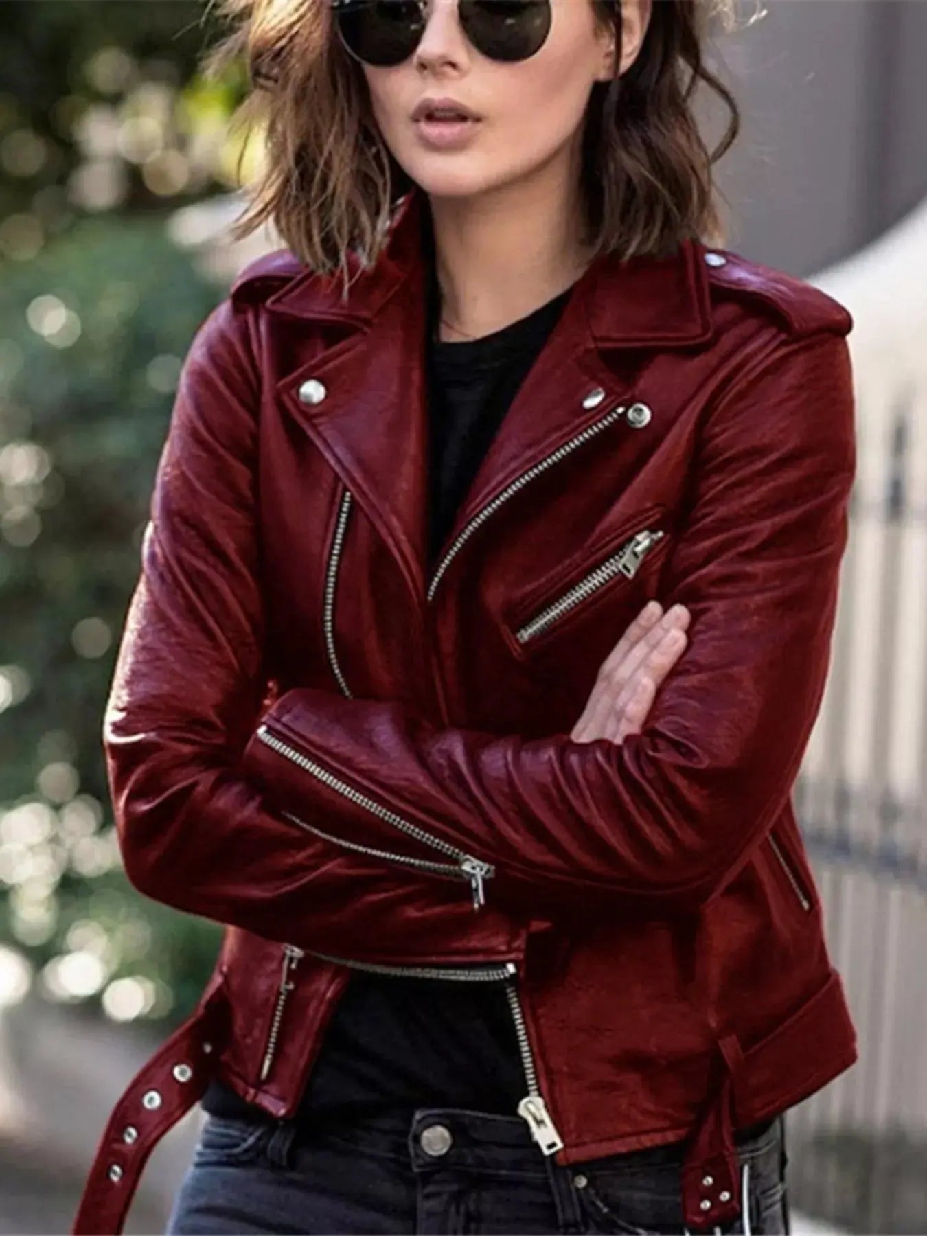 Plus Size Zip Up Motorcycle Biker Faux Leather Jacket