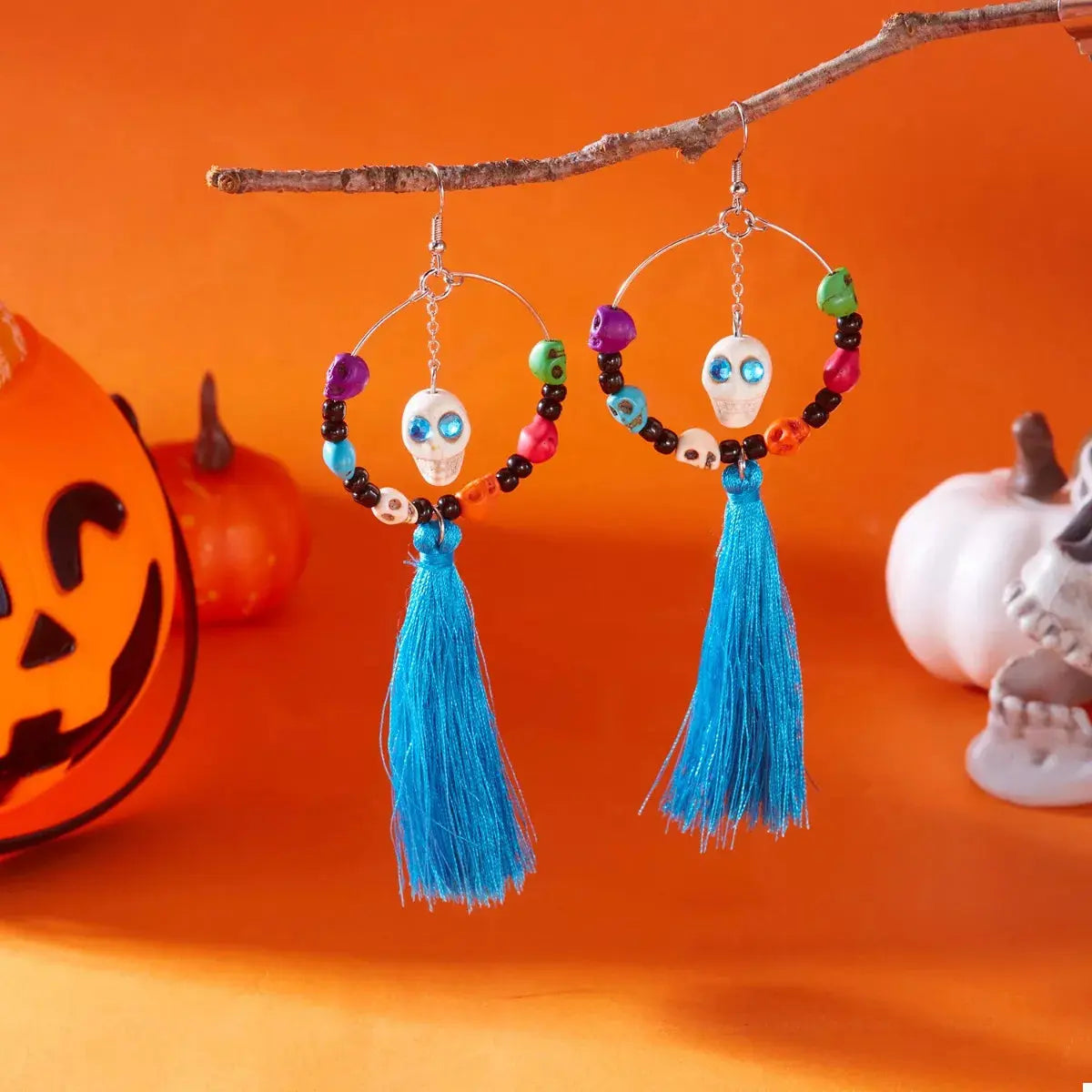 Sugar Skull Tassel Halloween Drop Earrings