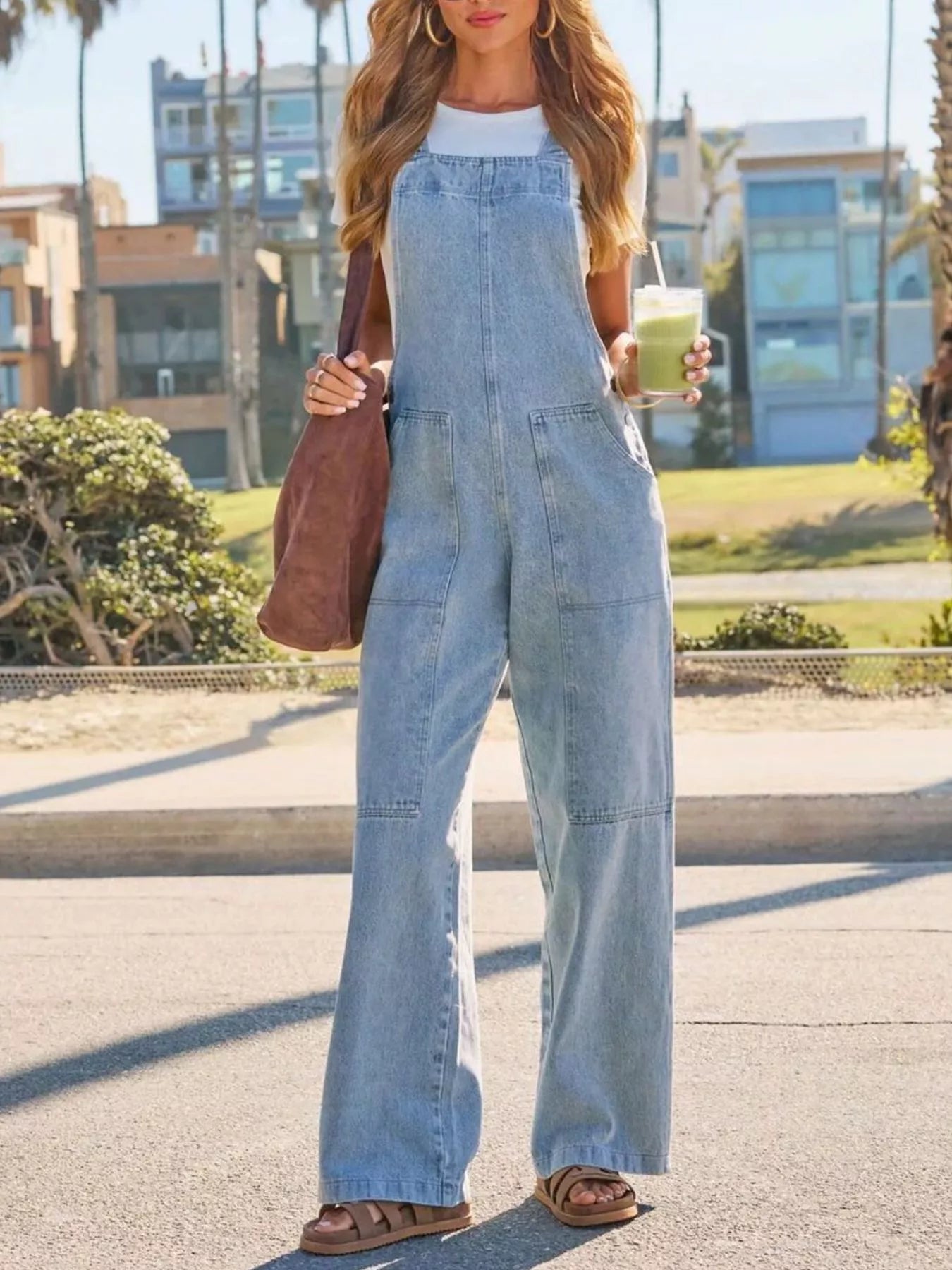 Washed Wide Leg Denim Overalls