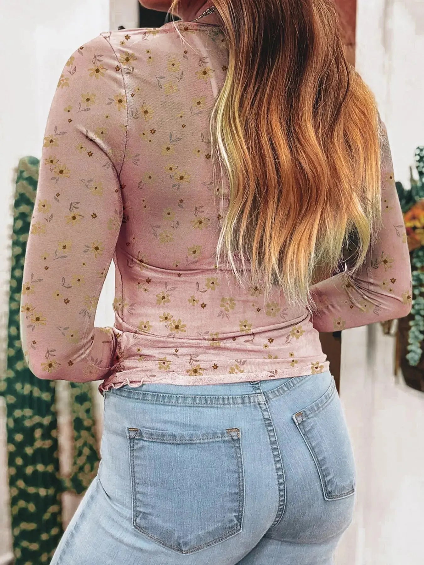 Floral Print Mesh Long Sleeve Top