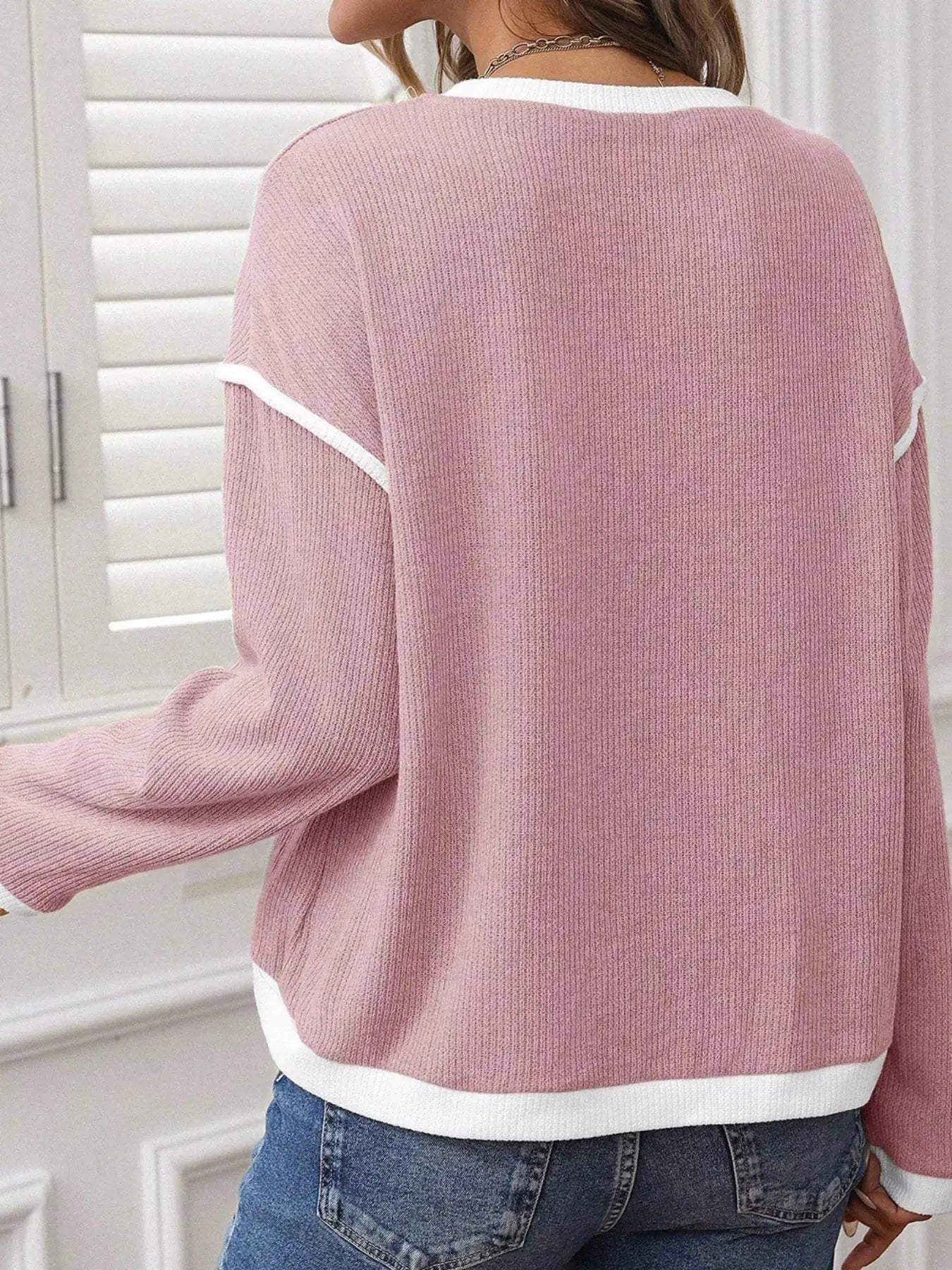 Contrast Color Trim Knit Loose Drop Shoulder Top