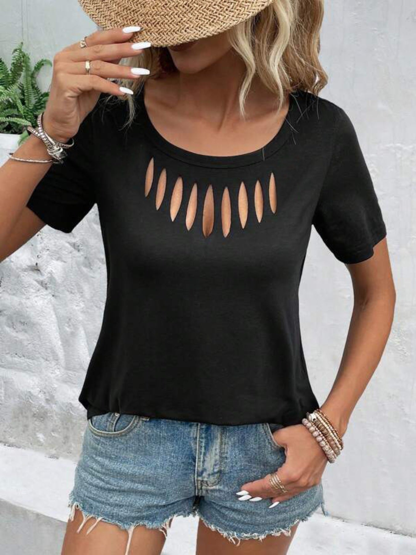 Women's Black Cutout T Shirt