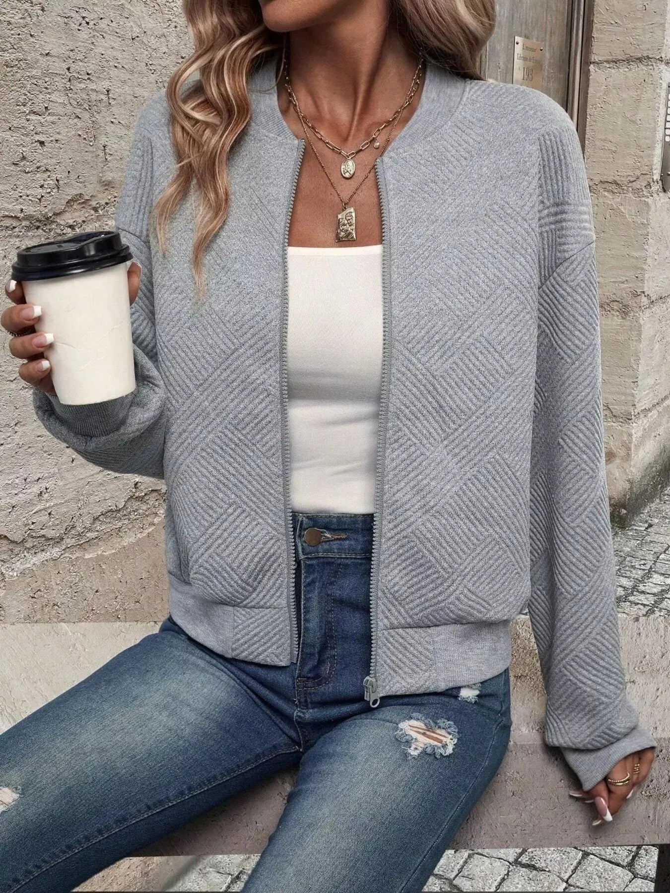 Texture Zip Up Bomber Jacket