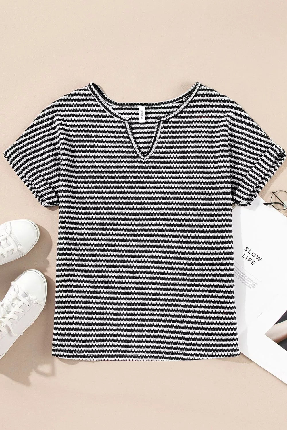 Stripe Textured Knit Notched Neck Cuffed Short Sleeve Shirt
