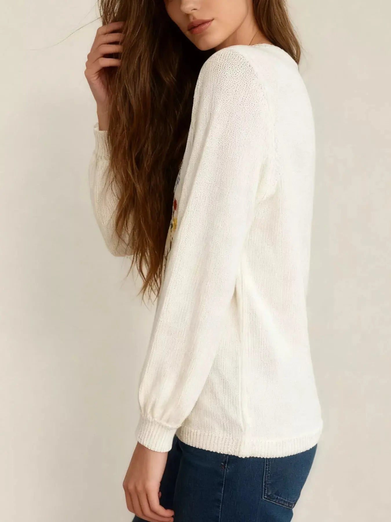 Floral Embroidered V Neck Sweater