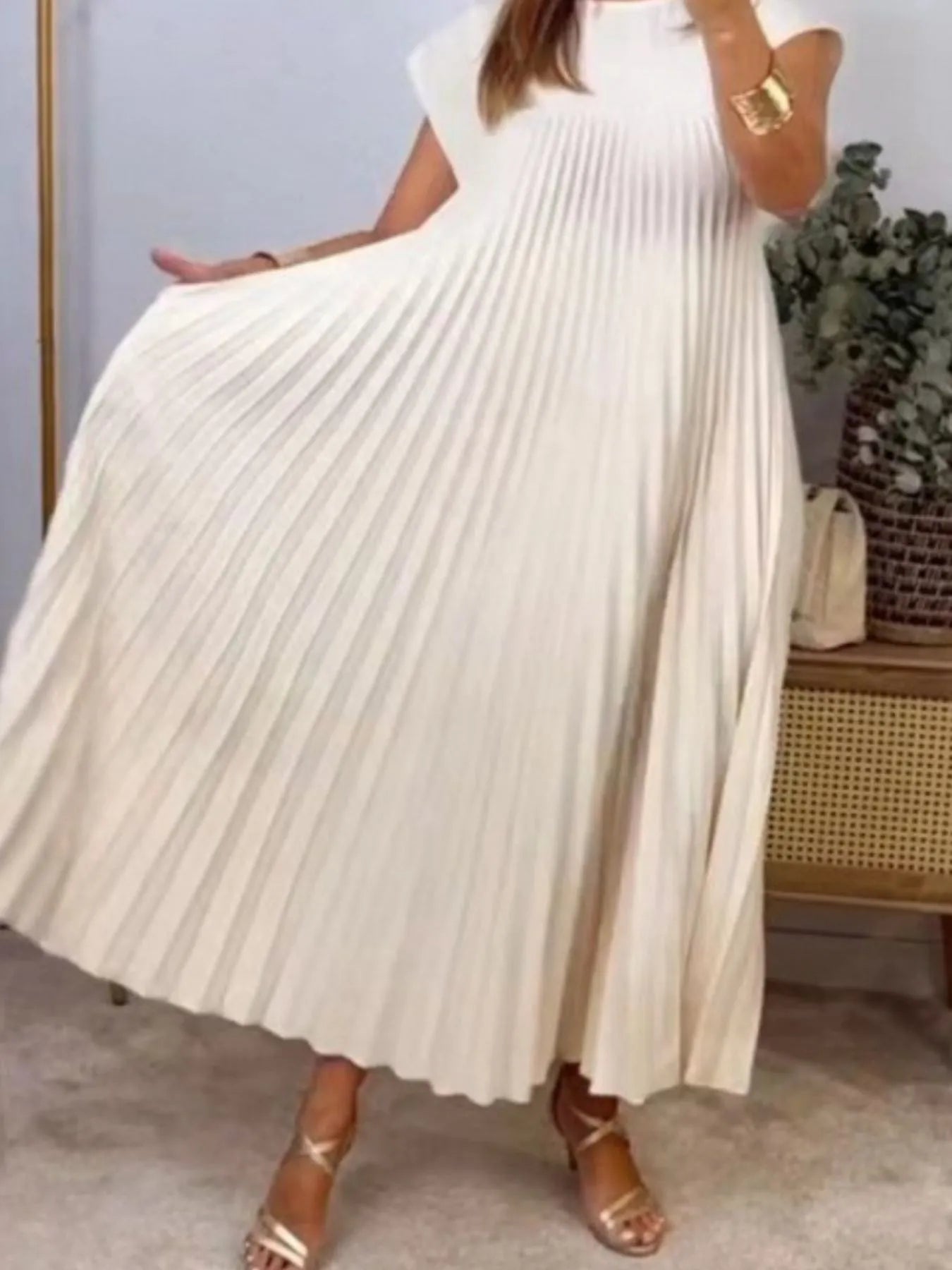 Pleated Round Neck Maxi Dress