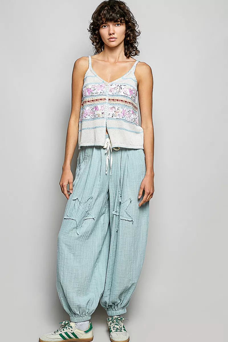 Printed Buttoned Cami with Trim Detail, Blanket Stitch