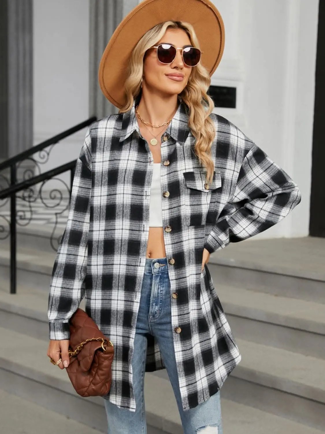Trendsi Plaid Collared Shirt Long Sleeve — Casual Dusty Pink