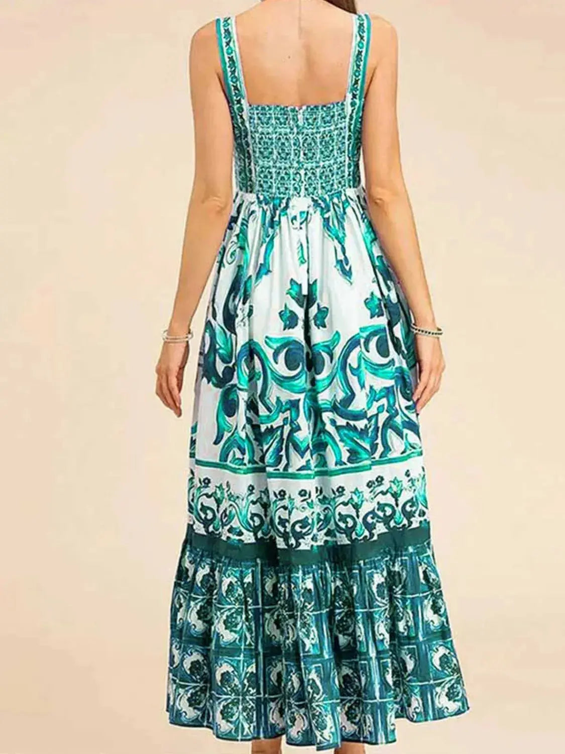 Smocked Blue Tile Print Wide Strap Midi Dress
