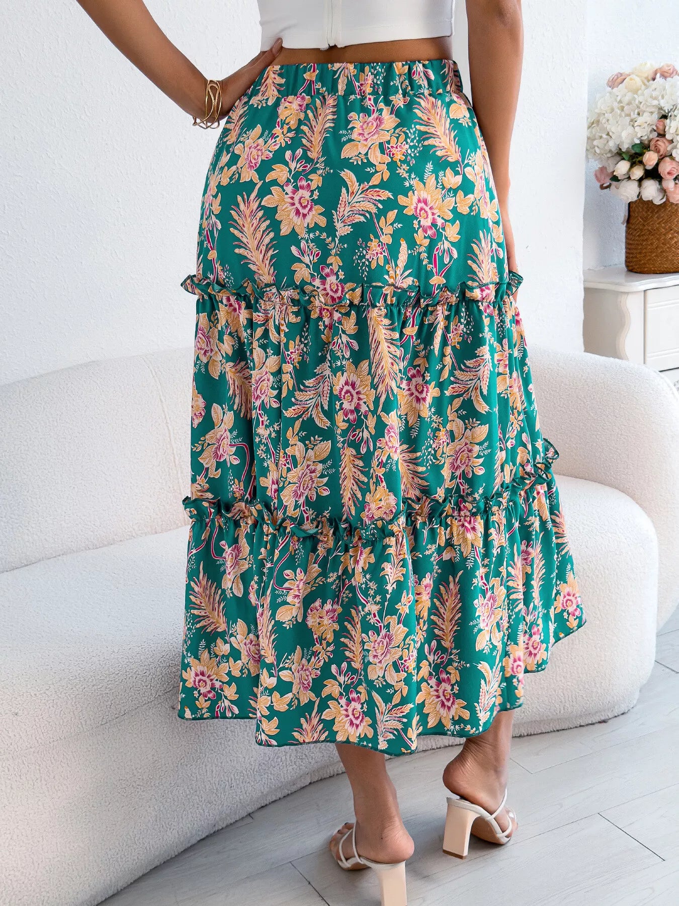 Floral Print Ruffle Hem Flowy Midi Skirt