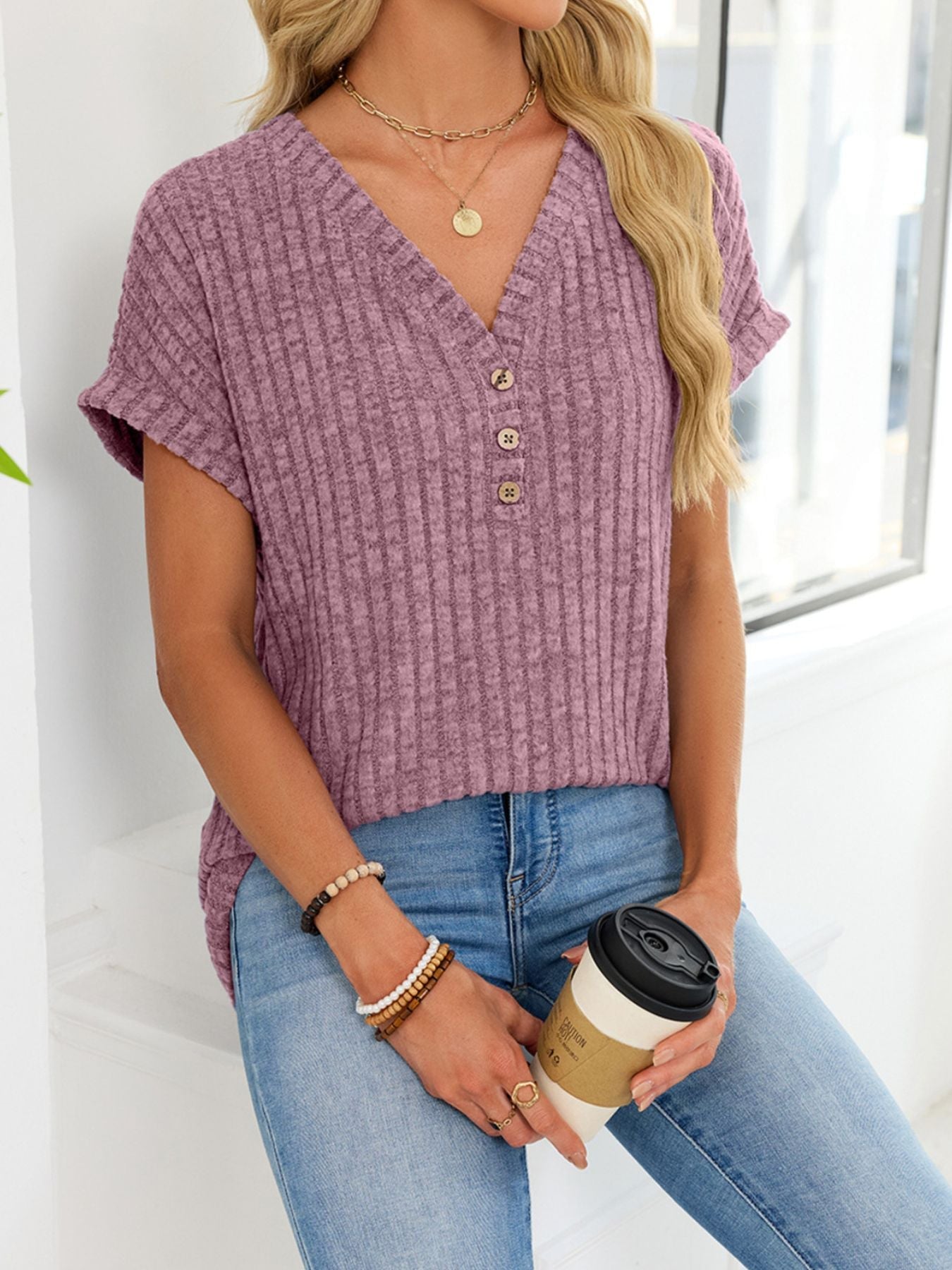V Neck Ribbed Knit T Shirt