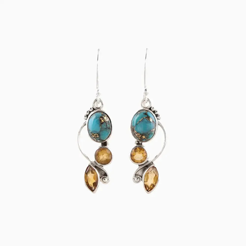 Turquoise & Amber-Inspired Geometric Alloy Dangle Earrings
