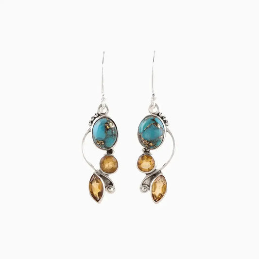 Turquoise & Amber-Inspired Geometric Alloy Dangle Earrings