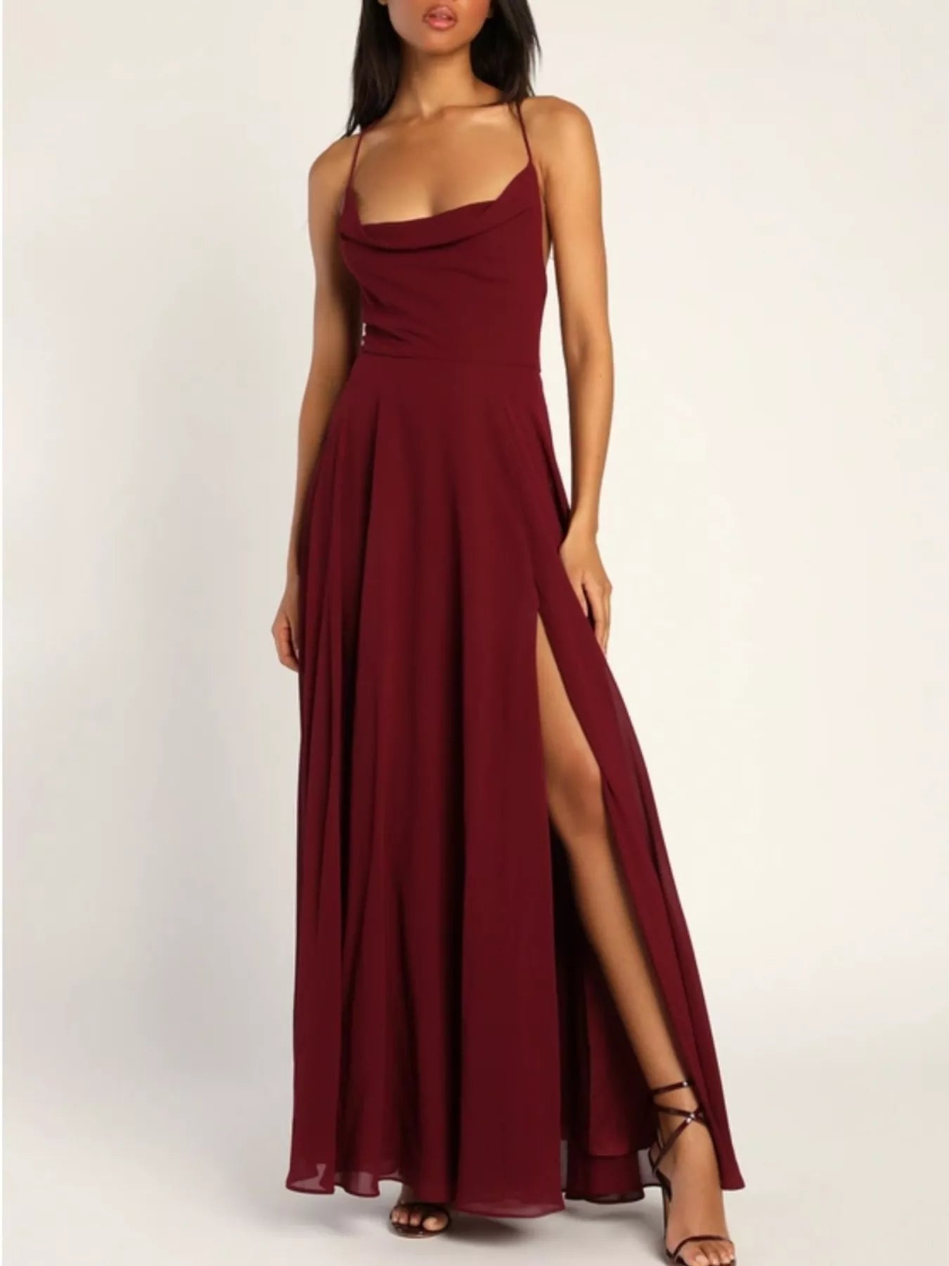 Backless Cowl Neck Lace-Up Slit Maxi Dress