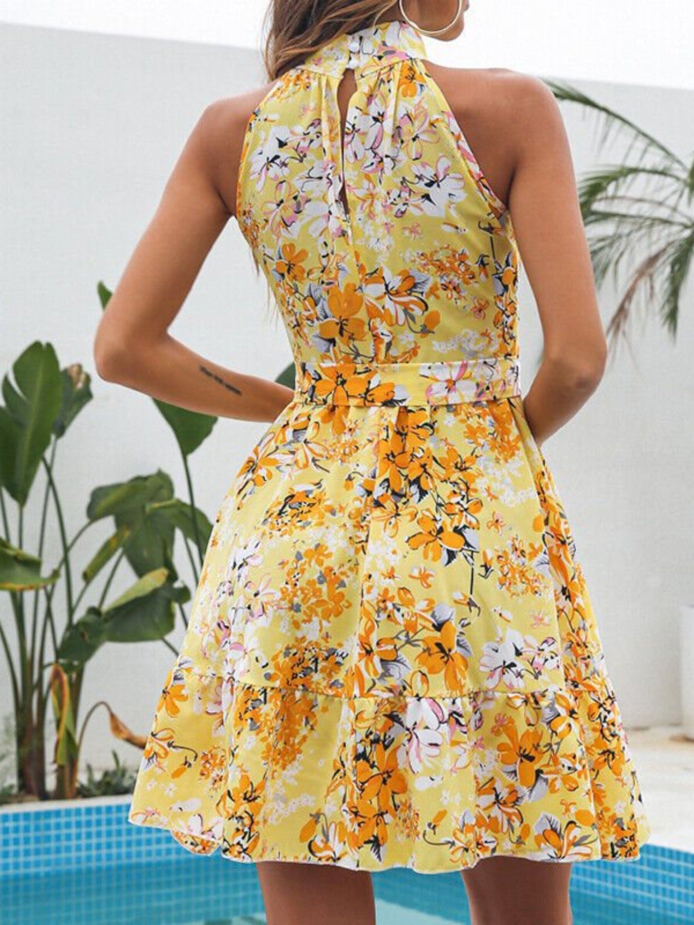 Floral Tie Waist Halter Neck Ruffle Mini Dress