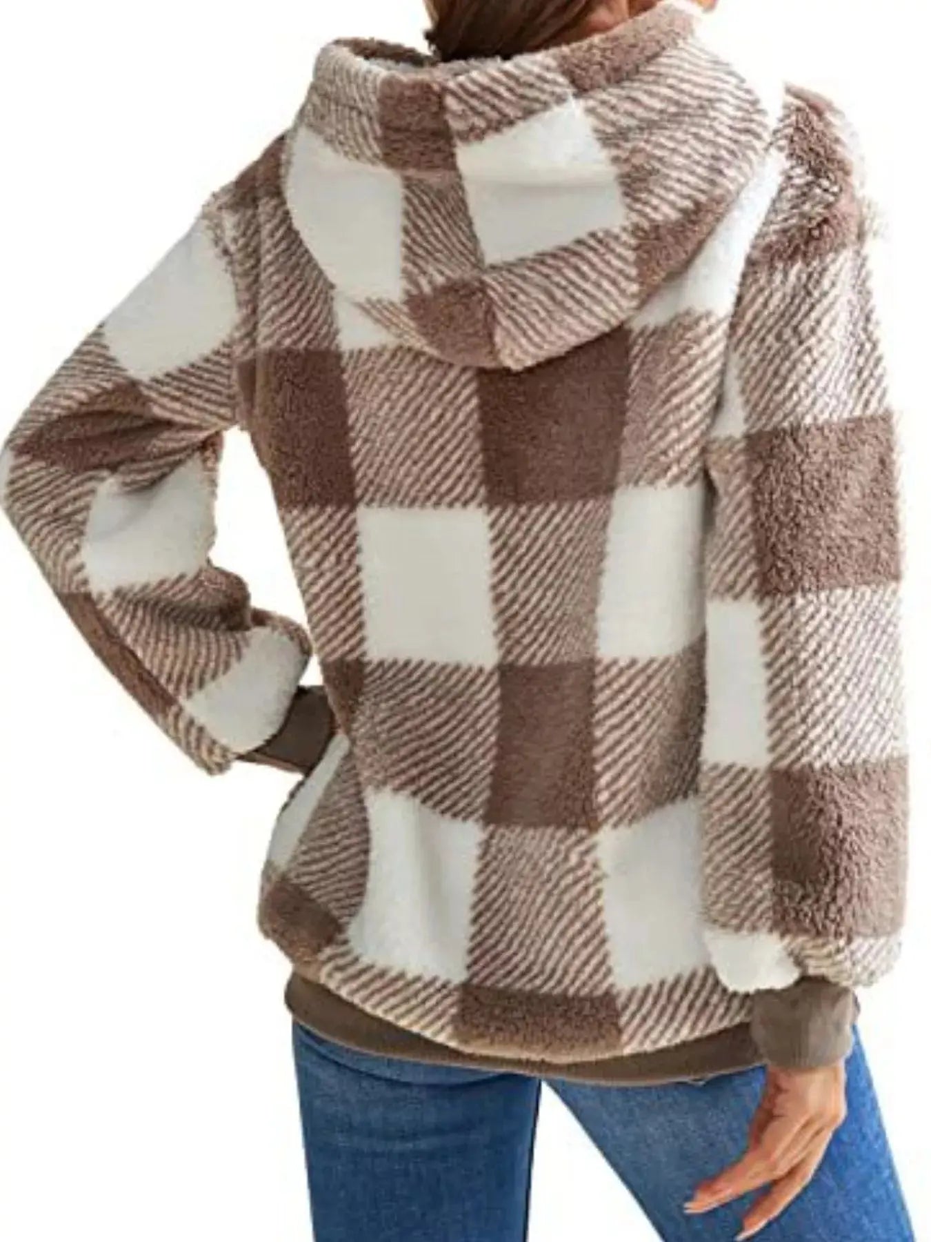 Plus Size Plaid Drawstring Sherpa Hoodie