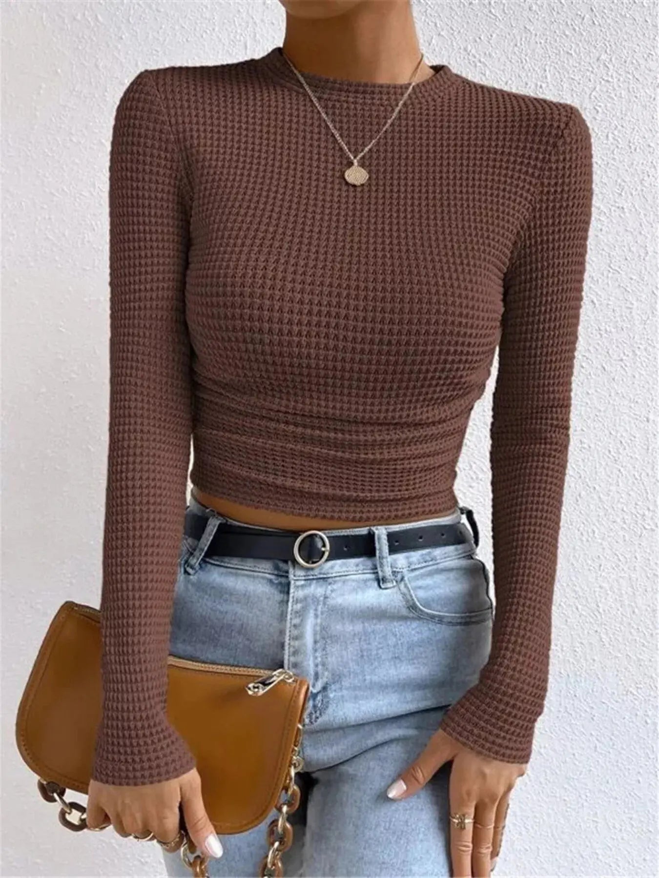 Waffle Knit Long Sleeve T Shirt
