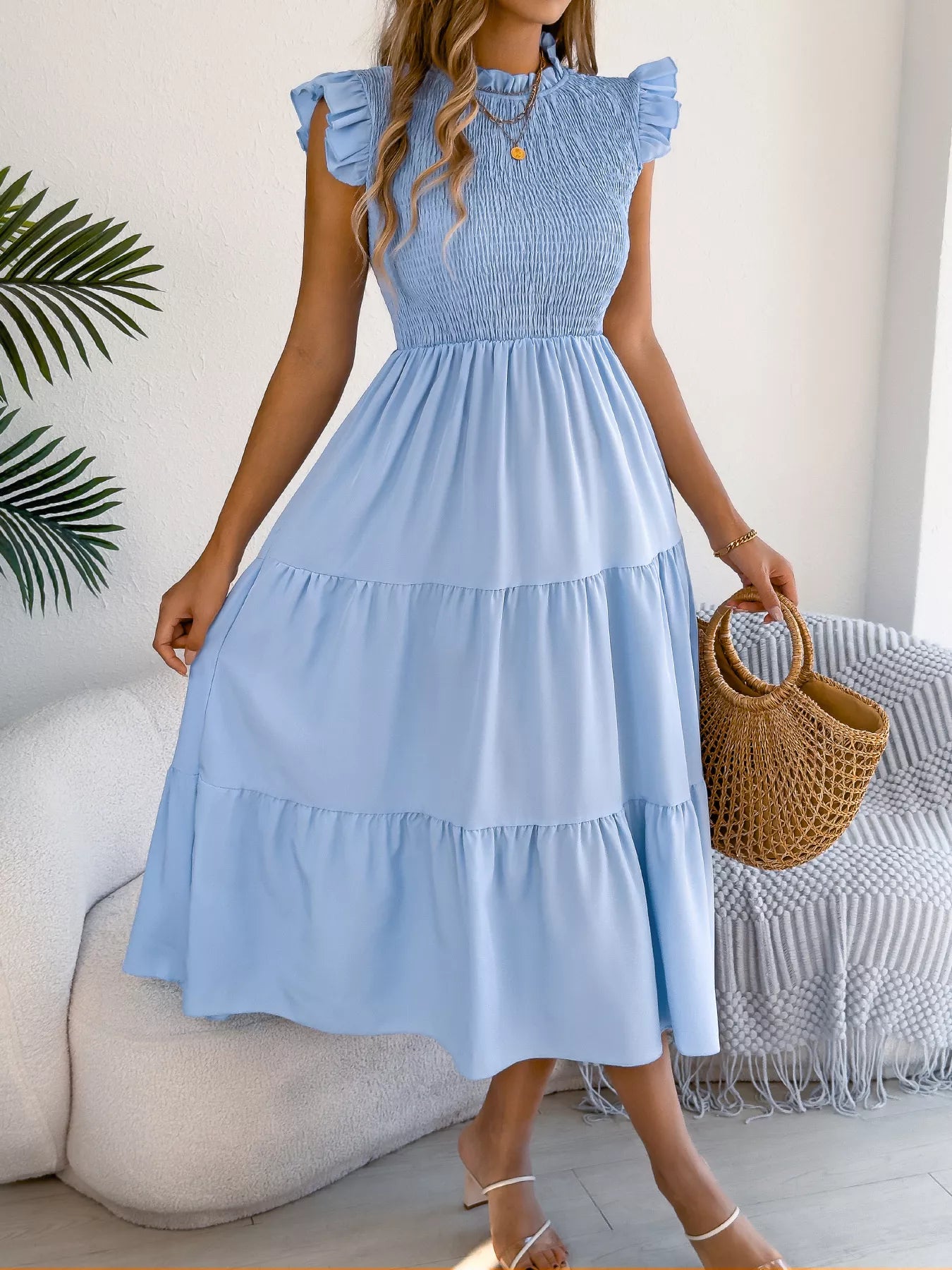 Women's Smocked Ruffle Midi Dress – Casual A-Line Cap Sleeve