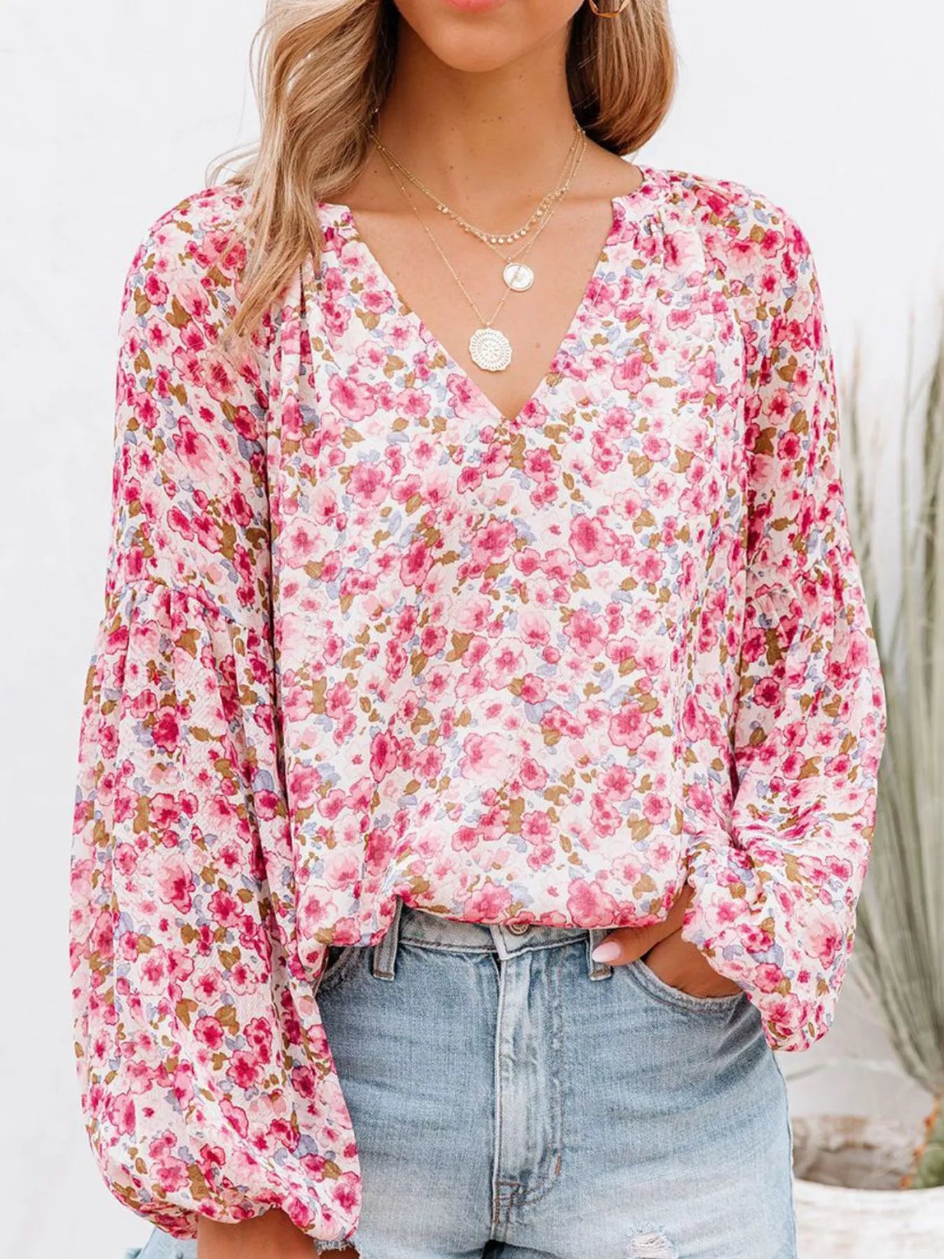 Full Size Floral Print V Neck Long Sleeve Blouse