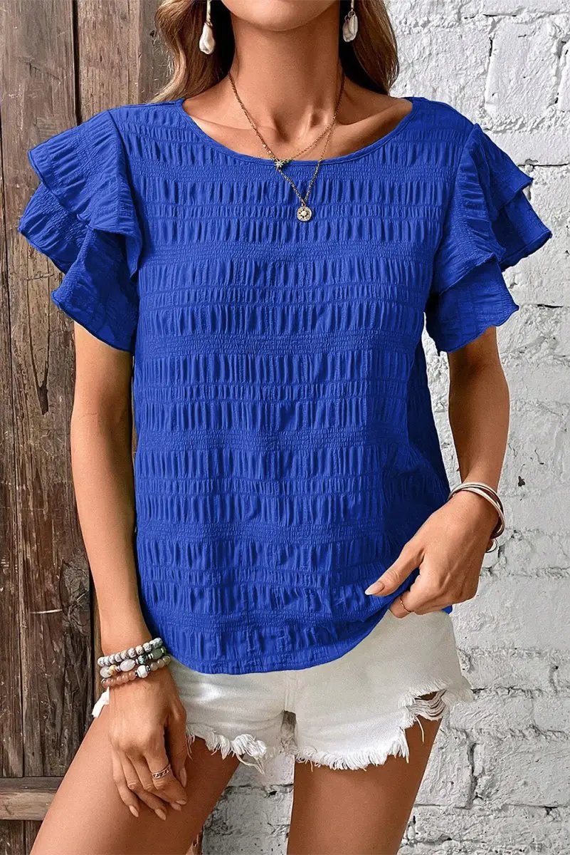 Accessories Love Salve Dark Blue Ruffle Sleeve Women's Top Elegant Casual Wear Textured
