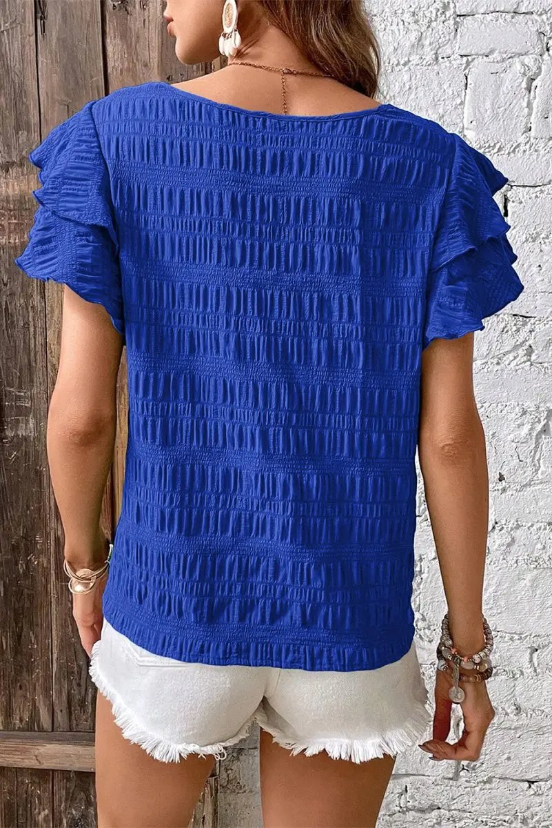 Accessories Love Salve Dark Blue Ruffle Sleeve Women's Top Elegant Casual Wear Textured