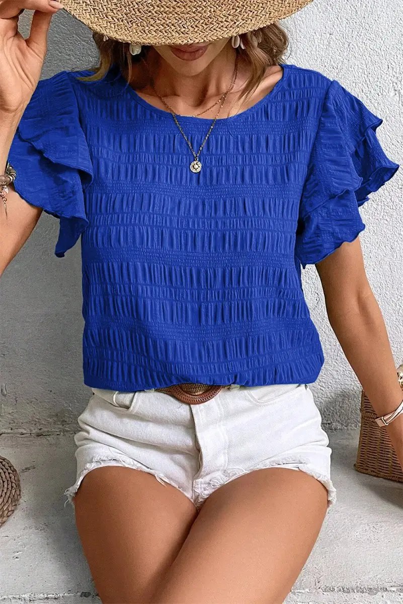 Accessories Love Salve Dark Blue Ruffle Sleeve Women's Top Elegant Casual Wear Textured