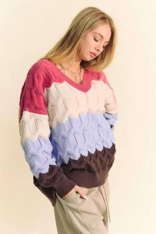 Sweaters Trendsi Davi & Dani Color Block Sweater Women's Casual V-Neck Knit Top - Soft & Stylish
