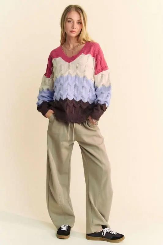 Sweaters Trendsi Davi & Dani Color Block Sweater Women's Casual V-Neck Knit Top - Soft & Stylish