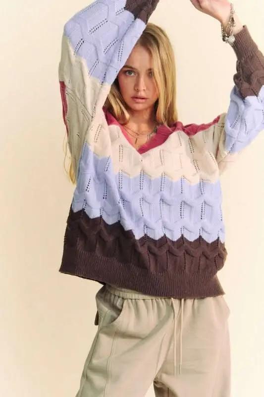 Sweaters Trendsi Davi & Dani Color Block Sweater Women's Casual V-Neck Knit Top - Soft & Stylish
