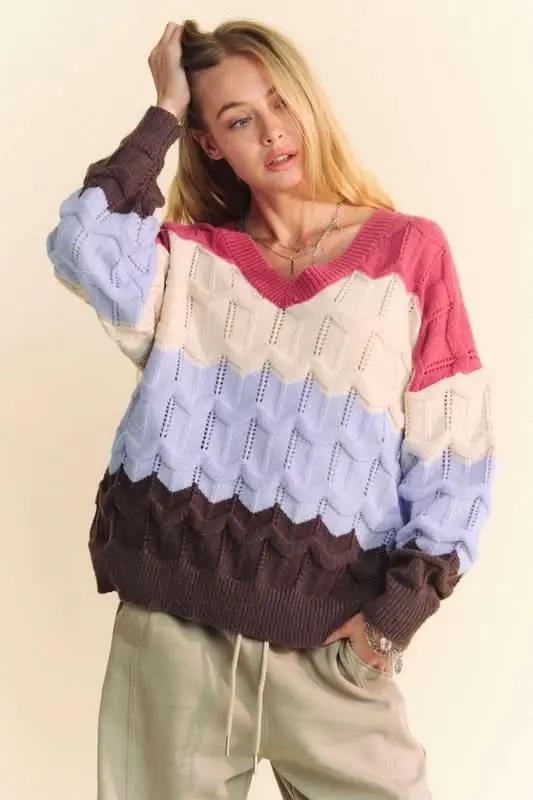 Sweaters Trendsi Davi & Dani Color Block Sweater Women's Casual V-Neck Knit Top - Soft & Stylish