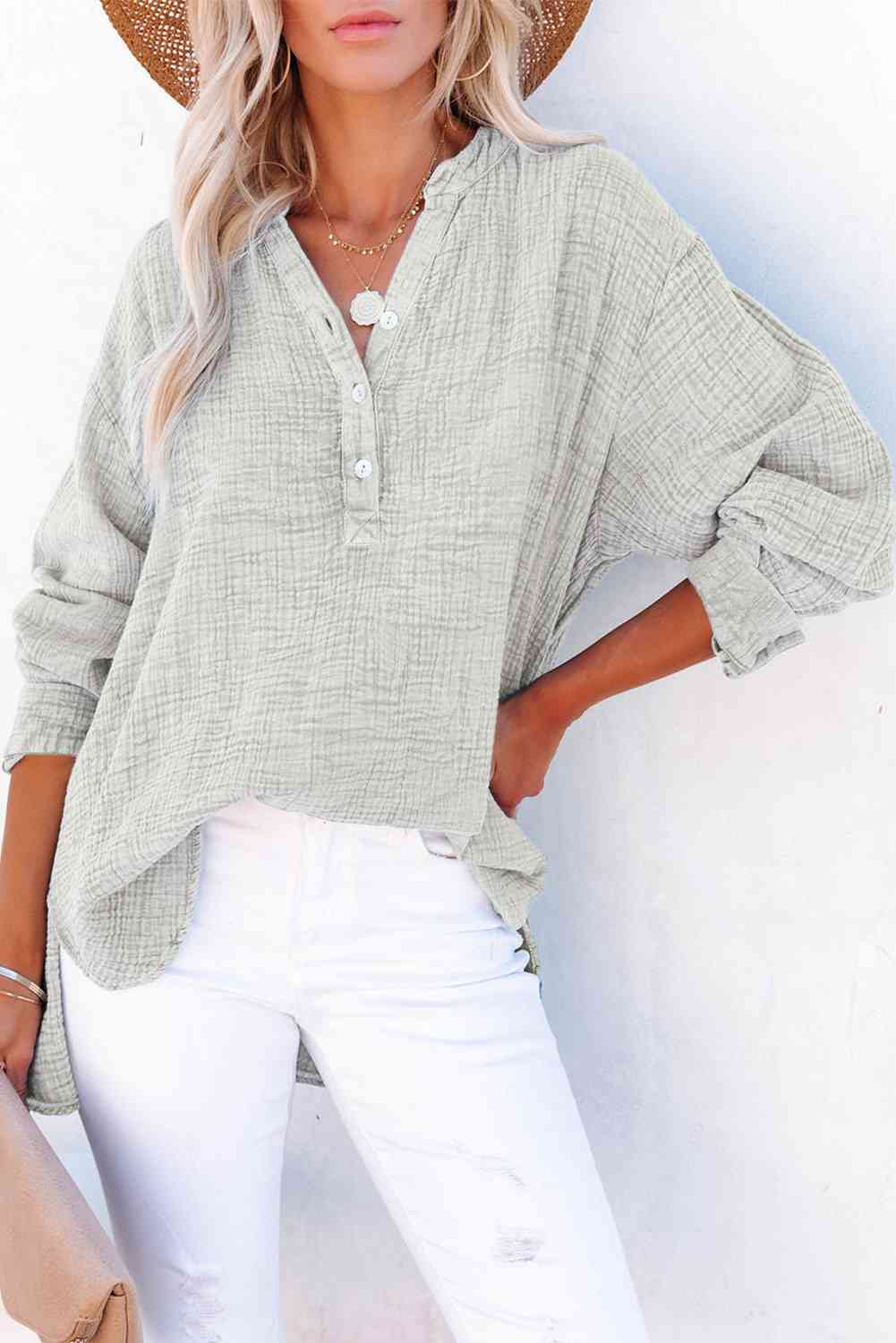 Women's Textured Cotton Buttoned Long Sleeve Blouse