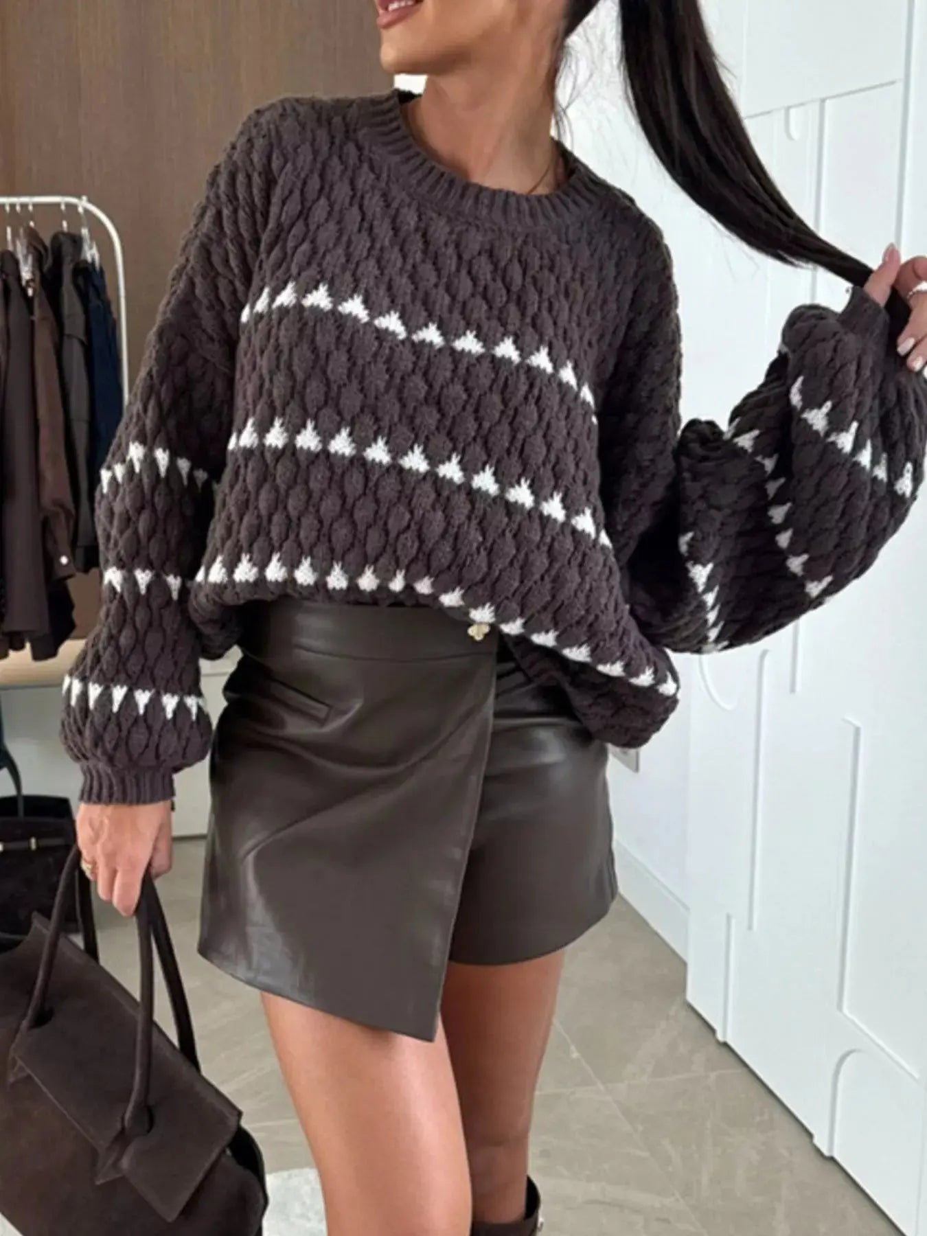 Striped Chunky Knit Sweater with Balloon Sleeves