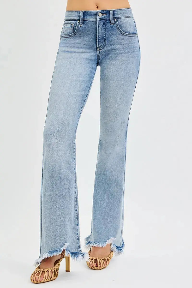 RISEN Jeans - Plus Size Tummy Control Mid Rise Flare Jeans with Fray Hem