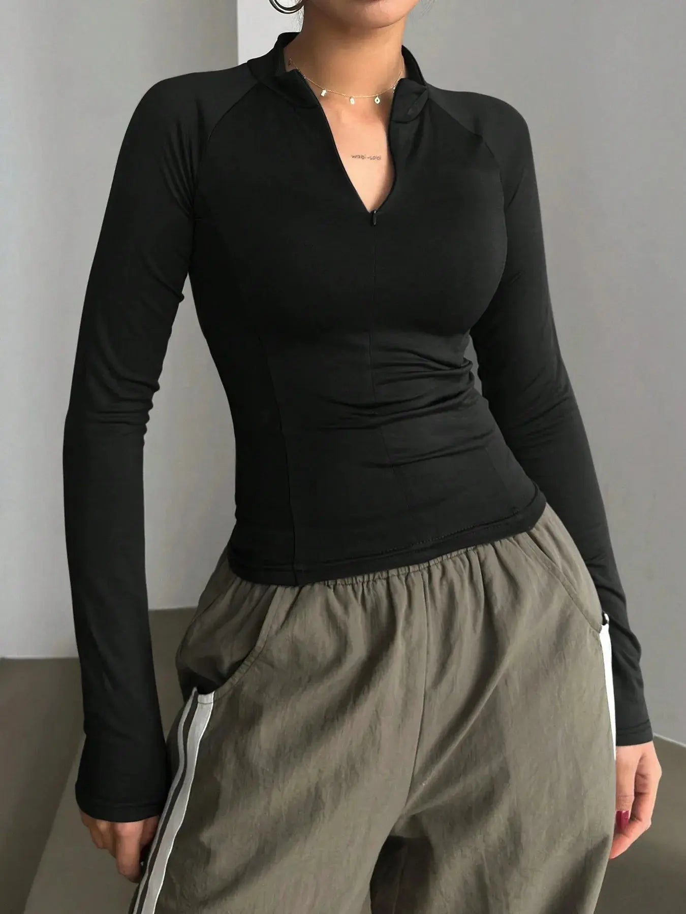 Zip Front Long Sleeve Fitted T Shirt