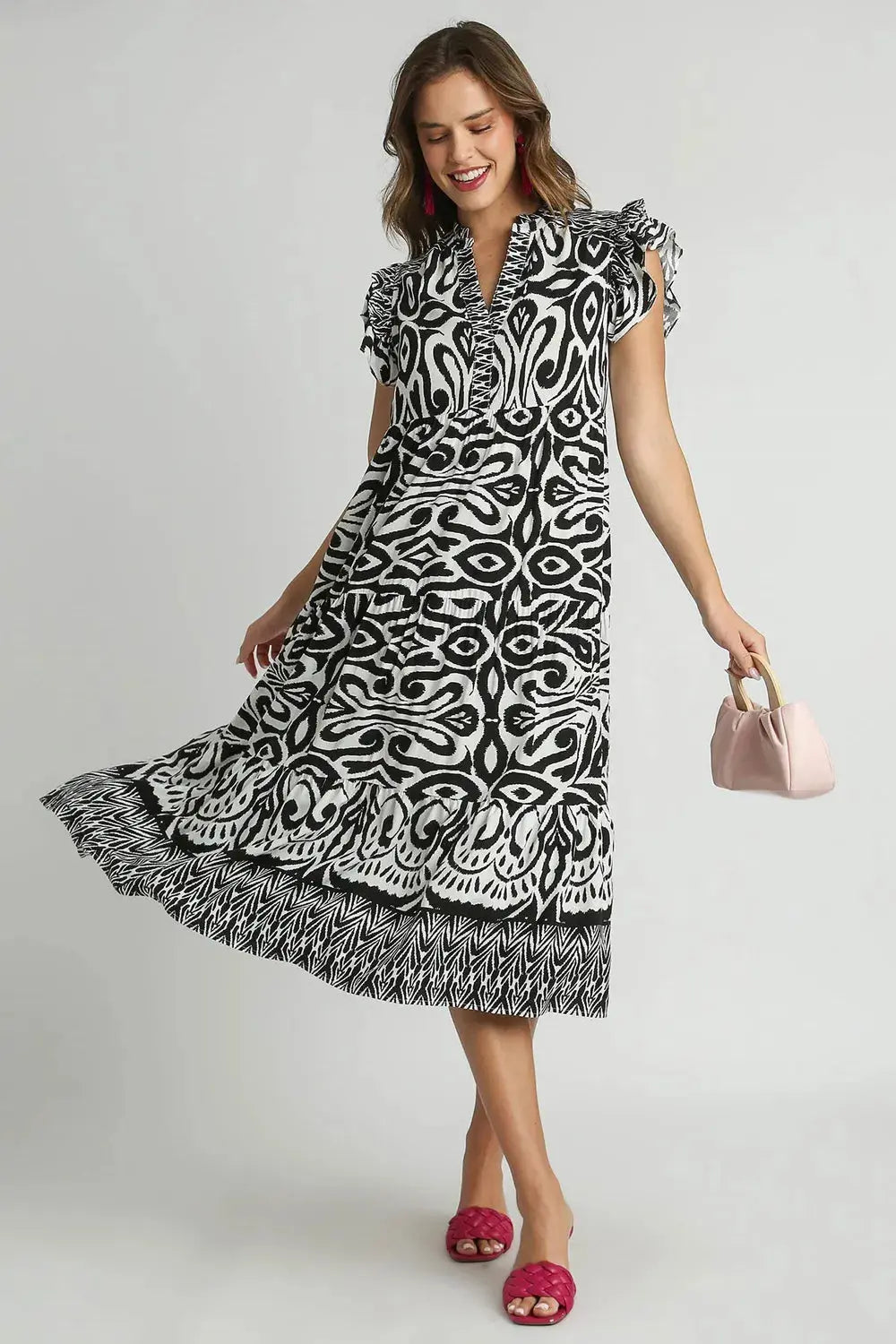 Umgee Two Tone Border Print Ruffle Cap Sleeve Midi Dress – Plus Size