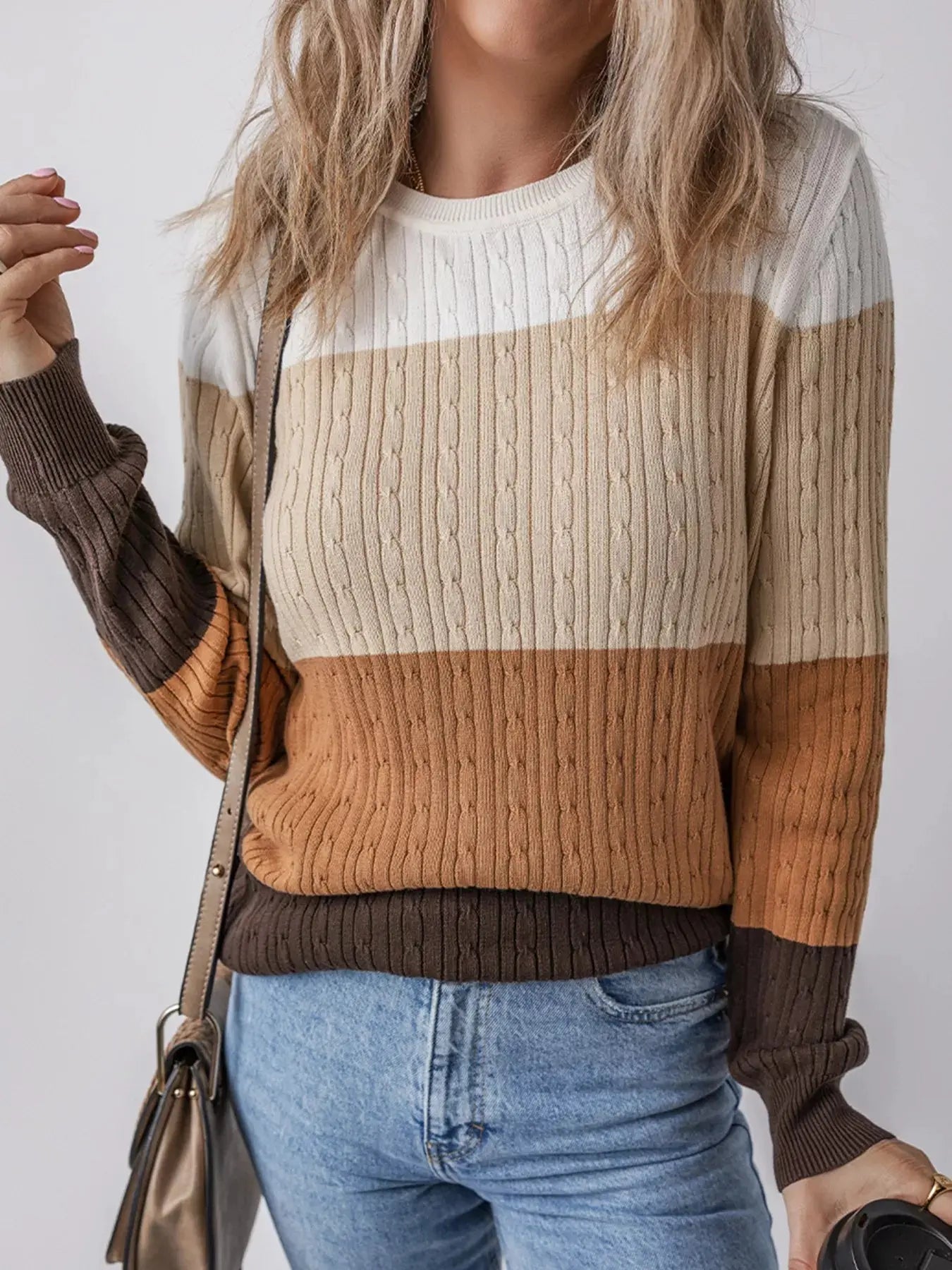 Colorblock Round Neck Cable Knit Sweater