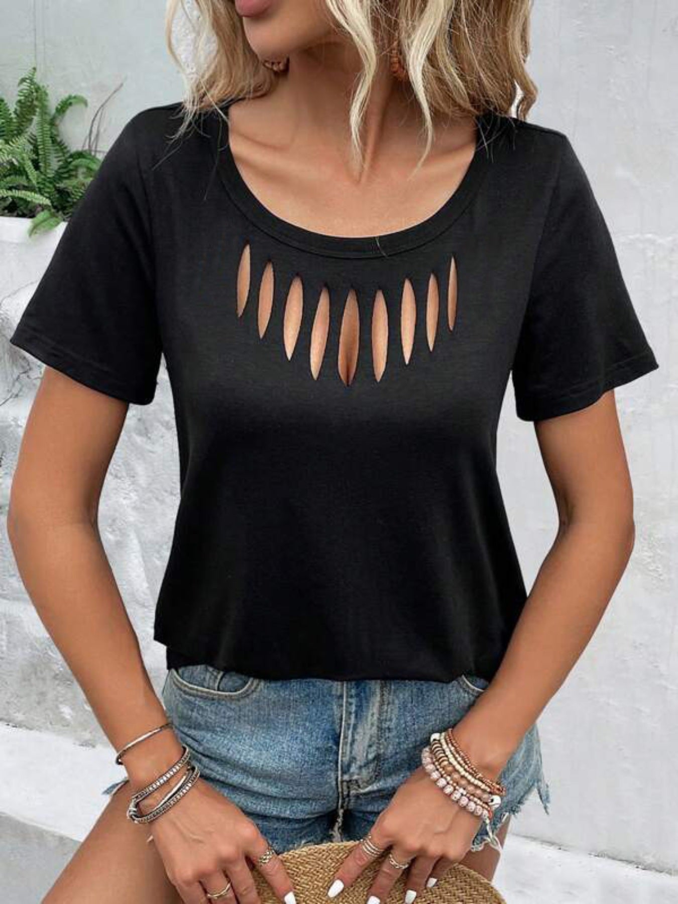 Women's Black Cutout T Shirt